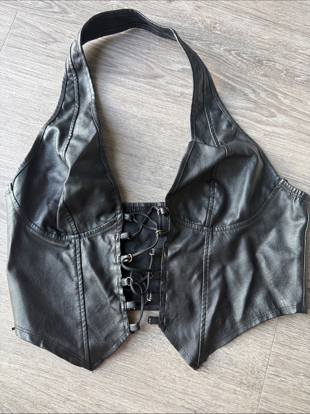Black Lace-Up Faux Leather Halter top